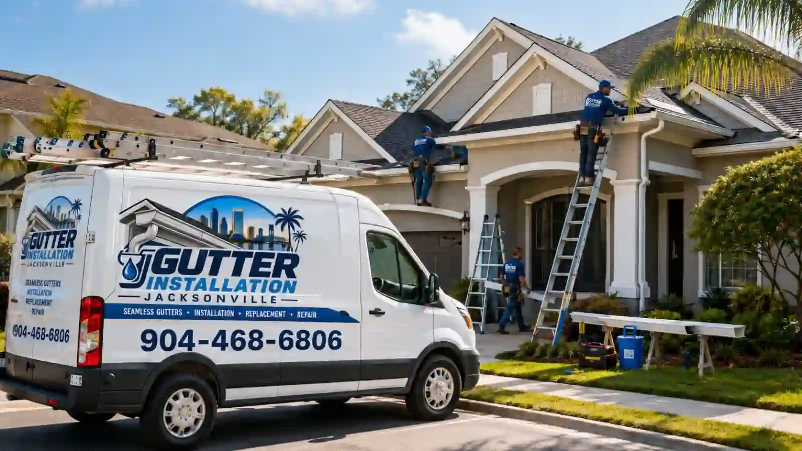 Gutter Installation Jacksonville FL van and installers working on a Jacksonville home